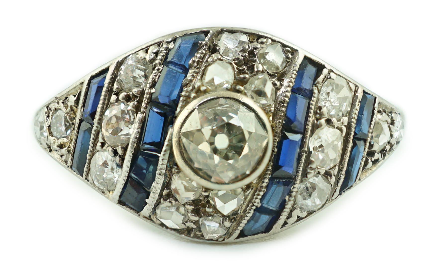 A 1940's/1950's 18ct white gold, sapphire and diamond set cluster ring